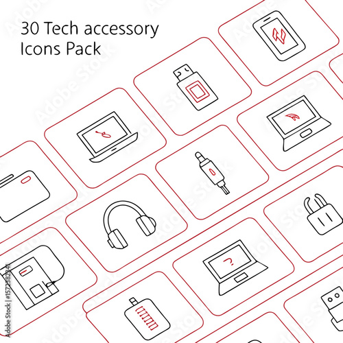 Collection of tech accessories icons including laptops headphones usb drives and more in a grid pattern