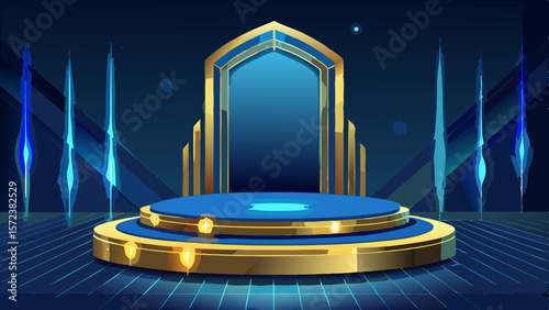 Futuristic Podium with Golden Accents and a Portal to Another Dimension