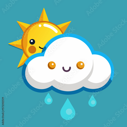 Cute Cartoon Sun and Cloud with Raindrops on a Blue Background