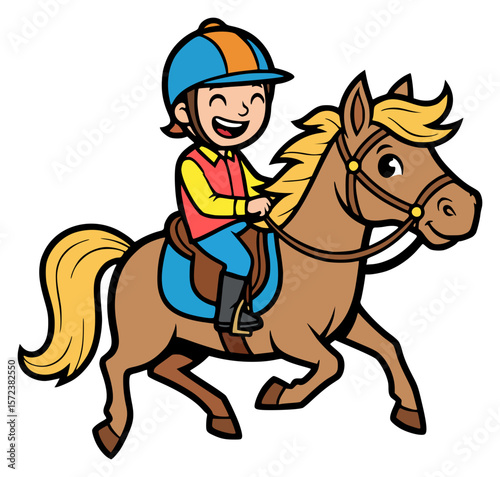 Happy Child Riding Horse Cartoon Illustration