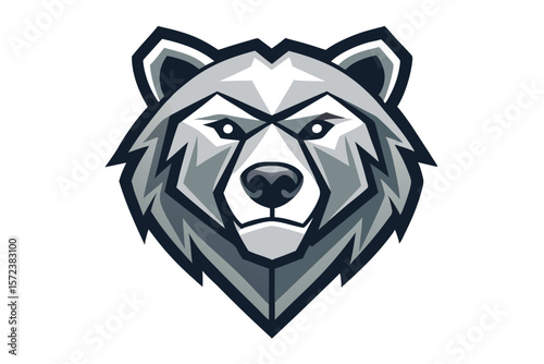 A formidable grey bear head stares intensely forward with geometric stylized design elements