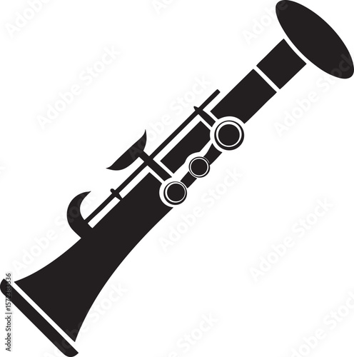 Black silhouette of a clarinet musical instrument isolated on white background
