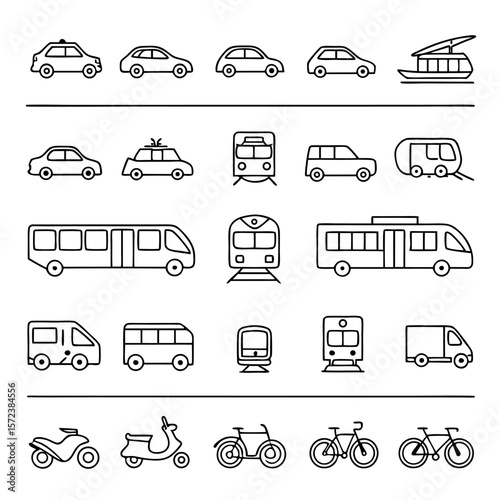 Outline drawings of various modes of transportation including cars trains buses motorcycles and bicycles arranged neatly