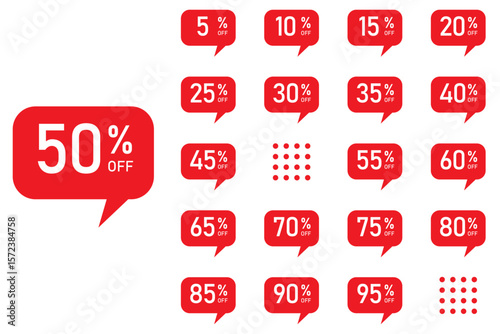 Sale tag speech bubble red shape with different discount set, red discount labels, sticker badge banner label vector illustration
