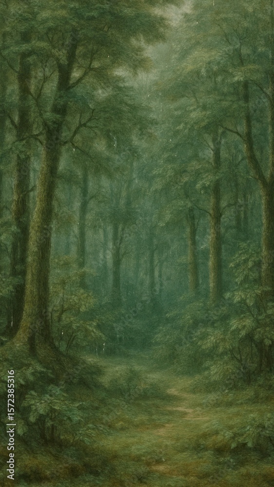 Fototapeta premium Misty forest path invites exploration.