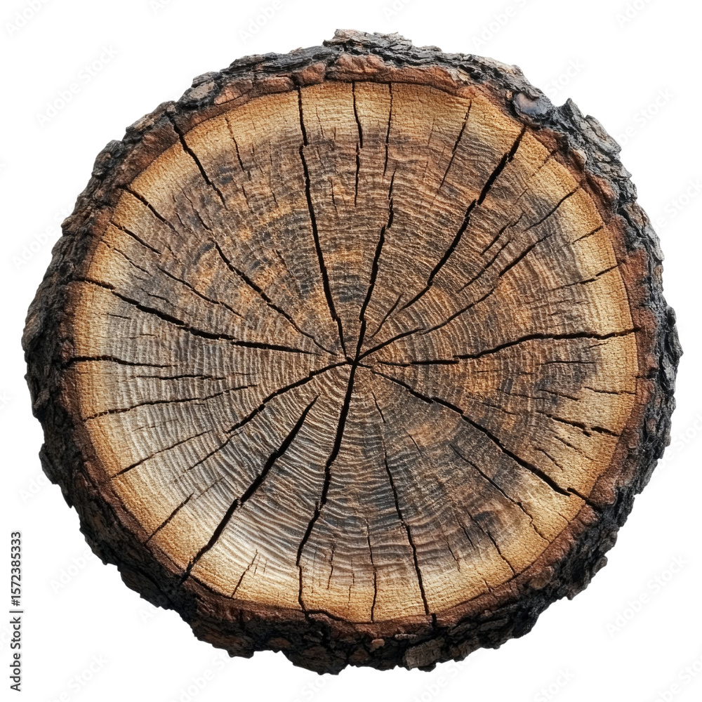 Fototapeta premium Wood log slice displaying detailed growth rings and texture isolated on transparent background, cutout png