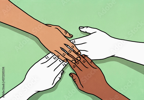 View from above of multiracial hands touching in connection against green background
