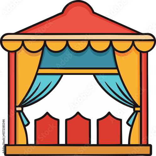 Colorful cartoon stage with red seats and curtains isolated on white background