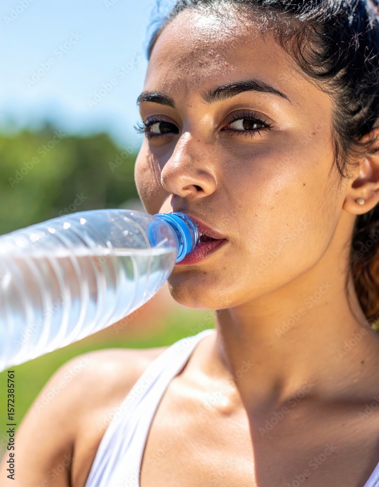 A young woman drinks water from a plastic bottle outdoors on a sunny day, staying hydrated and refreshed. A young woman drinks water from a plastic bottle outdoors on a sunny day, staying hydrated and refreshed.