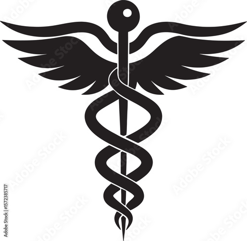 Black caduceus medical symbol with wings and snake silhouette isolated on white background