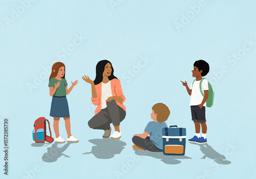Female teacher and multiracial school kids gesturing in discussion against blue background
