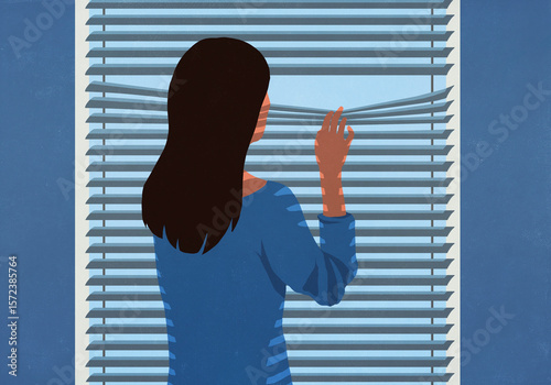 Suspicious woman standing at window, peering through blinds
