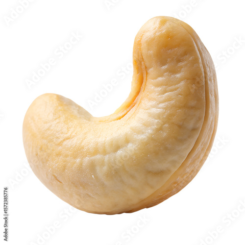 Close up of single cashew nut snack healthy food vegan diet ingredient on transparent background.