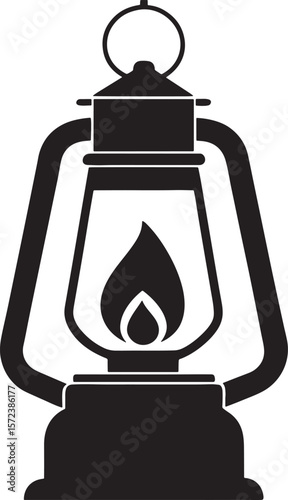 Vintage kerosene lantern with a flame silhouette isolated on white background