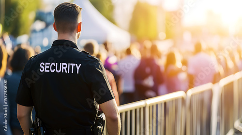 A security guard stands watch at a crowded outdoor event, ensuring safety and order amongst the attendees with a watchful eye over the surroundings.