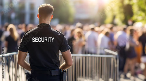 Security guard protecting a crowd, ensuring safety with focus and vigilance in a public setting. Focus on crowd safety.