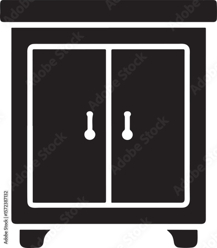 Black silhouette of a two-door cabinet with handles isolated on white background