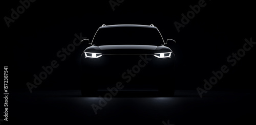 Sleek vehicle silhouette with illuminated headlights and fog lights against a stark black backdrop, showcasing modern automotive design elements.