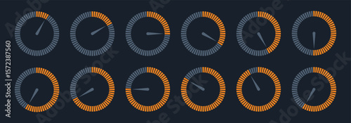 Countdown timer, stopwatch vector timer icons set. Vector circle countdown timer display. Orange and gray color display. Round UI countdown time. Chronometer for speed. Vector color illustration.