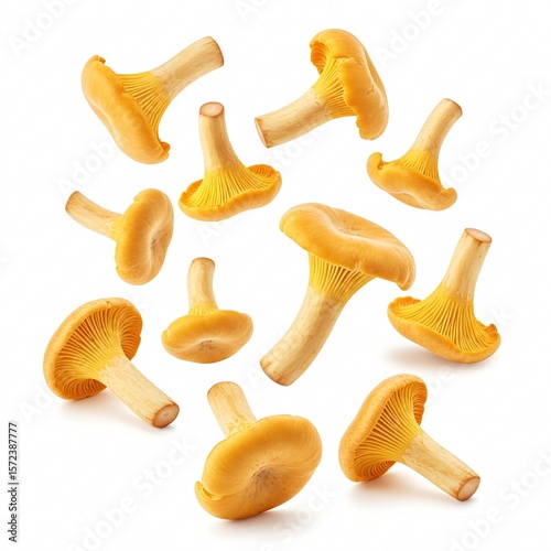 Appetizing mushrooms are dynamically falling, creating an appealing visual,