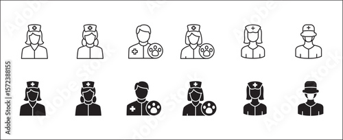 Doctor icons collection. Healthcare doctor icon set. Health consulting symbol. Icon symbol compatible for clinic, hospital, nurse, health consulting, consultation, staff. Vector illustration
