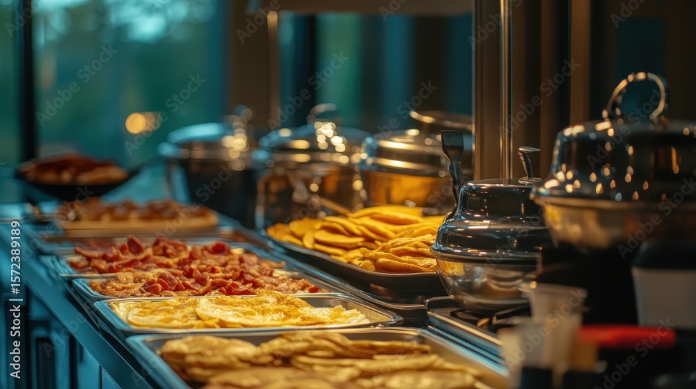 Fototapeta premium Vibrant Breakfast Buffet with Assorted Dishes and Warm Lighting
