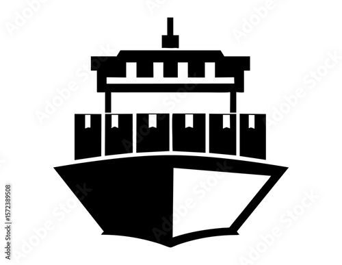 Black and white ship carrying cargo icon on the ocean. Suitable for transportation or shipping industry design projects and maritime themes.