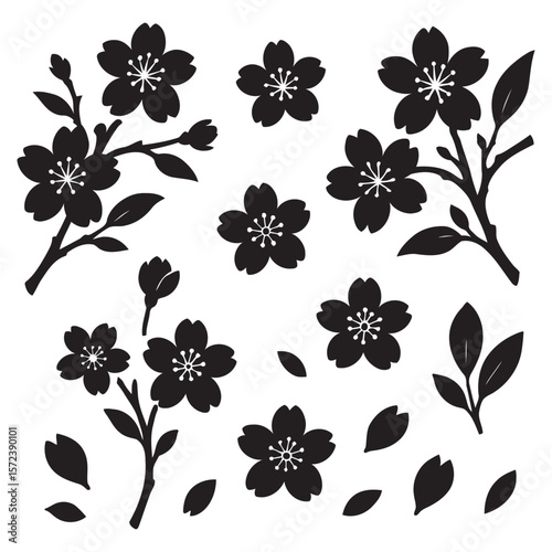 Elegant Cherry Blossom Silhouette Set – Includes 11 clean floral motifs with branches, petals, and leaves, perfect for decorative and design use.