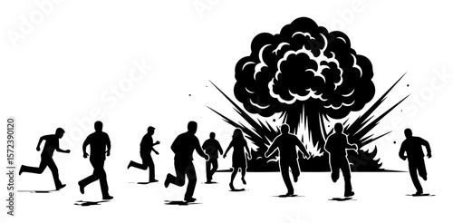 people running from explosion war scene silhouette