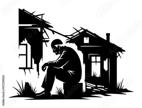 sad man sitting in destroyed house ruins silhouette