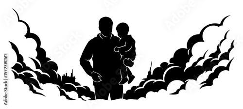 father holding child in war zone silhouette vector