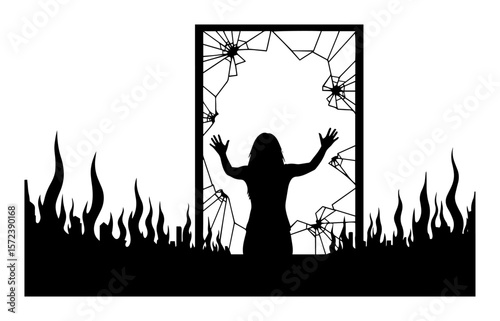 woman silhouette in front of broken window and fire