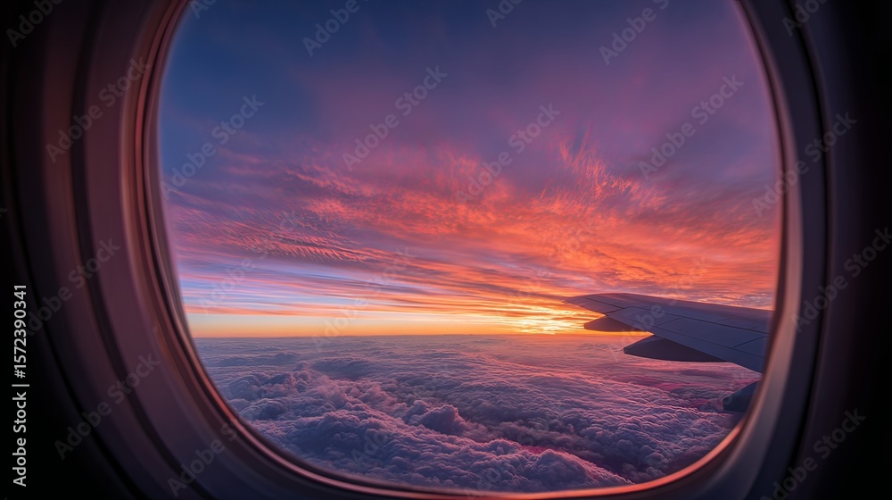 Fototapeta premium Airplane flying through sunset sky seen from window seat.