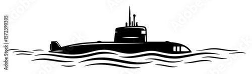 submarine silhouette sailing on ocean waves vector illustration