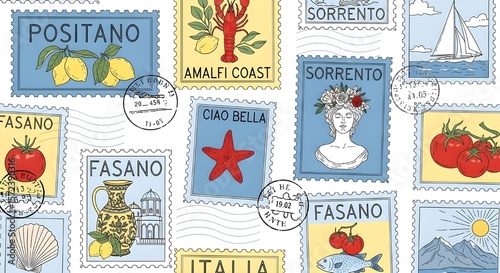 Italian Travel Postcard Stamp Pattern Featuring Coastal Destinations | Vintage Style Design with Positano, Sorrento, Fasano, Amalfi Coast and Ciao Bella for Souvenirs and Tourism Marketing
