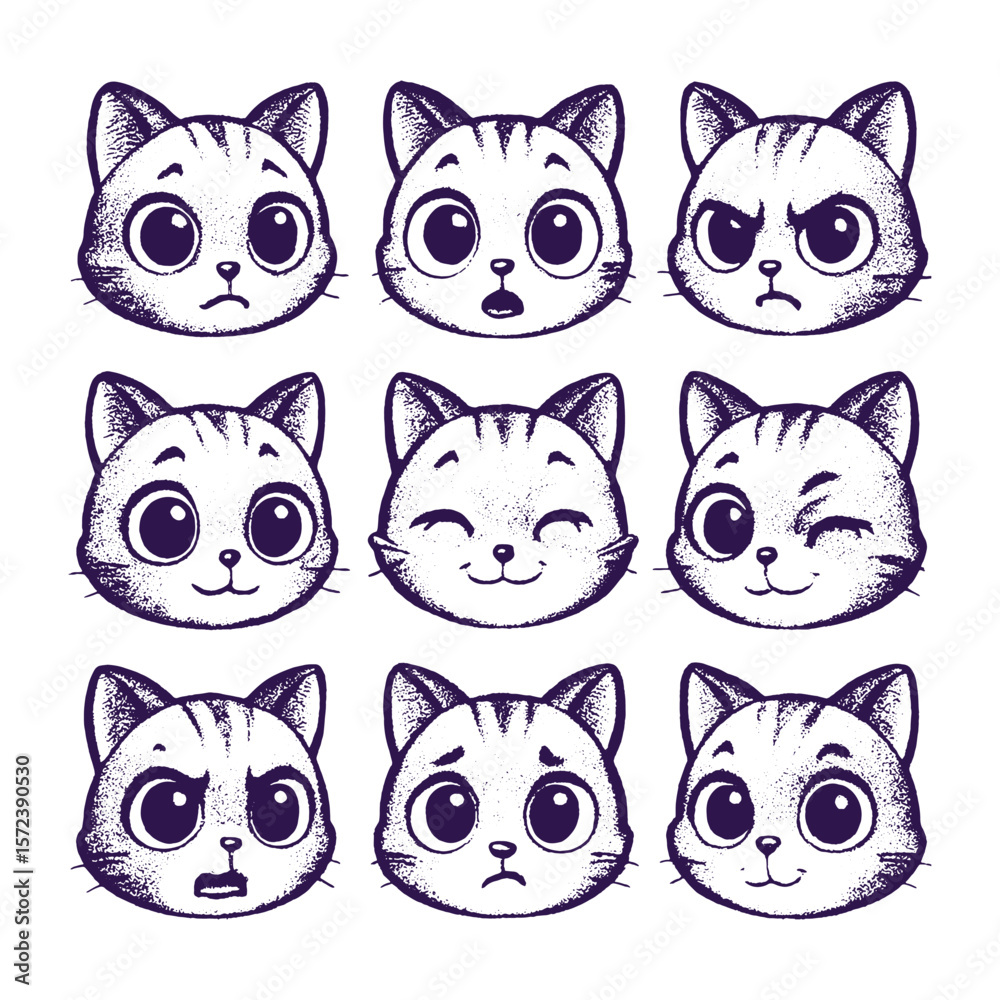 Fototapeta premium Cute sketch style big-eyed cat face icon set with 9 expressive emotions in a hand-drawn aesthetic.