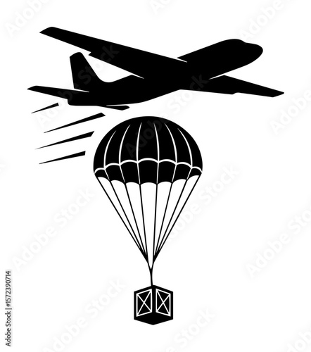 airplane dropping cargo with parachute airdrop silhouette vector icon