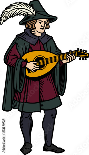 Medieval Minstrel Melodies: Captivating Bard with Lute – Timeless European Folk Art Illustration