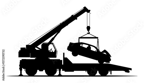 tow truck with crane loading wrecked car silhouette vector illustration
