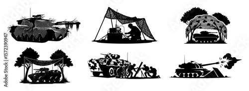 camouflaged military vehicle under net icon set silhouette