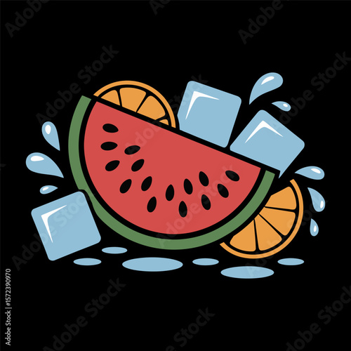 Refreshing Watermelon and Orange with Ice Cubes Illustration