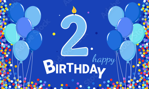Happy Birthday. 2 years old. Balloons and a candle on a blue background. Children's birthday.