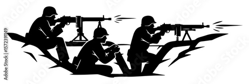 soldiers with machine gun in trench silhouette