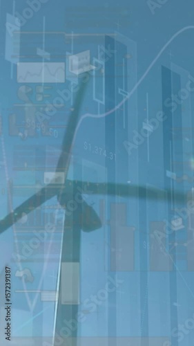 Animation of financial data processing over wind turbine
