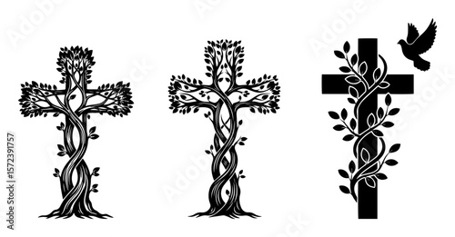 tree and vine christian cross symbol vector set
