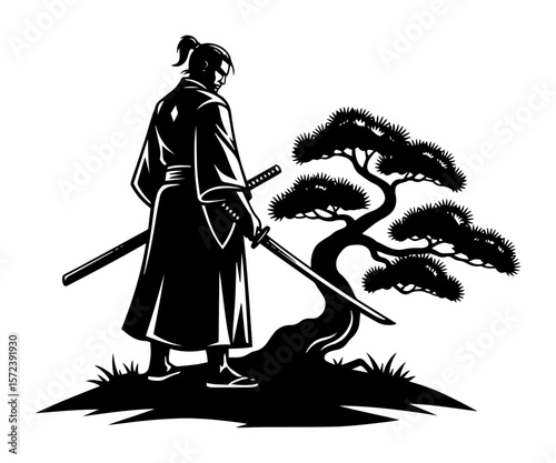samurai warrior with katana and bonsai tree silhouette