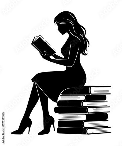 elegant woman reading on a stack of books silhouette