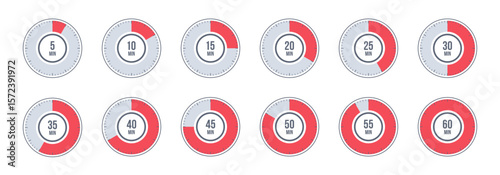 Countdown timer, clock, stopwatch vector icons set. Full rotation arrow timer. 5 minute to 1 hours stopwatches. Collection of timers in flat style isolated on white background. Vector illustration.