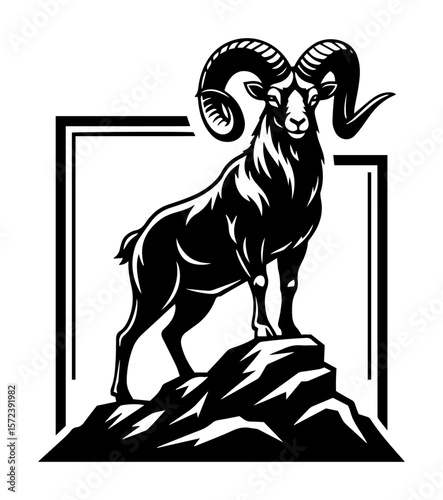 bighorn sheep on mountain rock vector logo