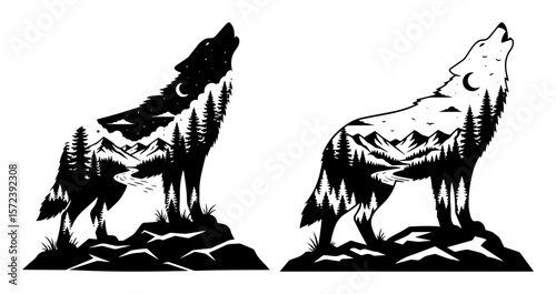 howling wolf silhouette with mountain forest landscape double exposure vector